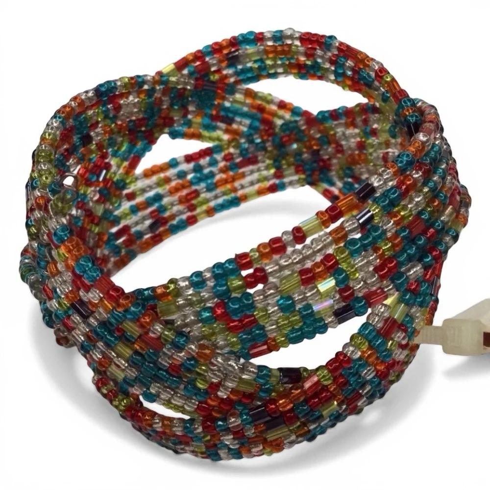Handmade Twisted Flexible Seed Bead Braided Cuff Bracelet – Multicolor – NWT